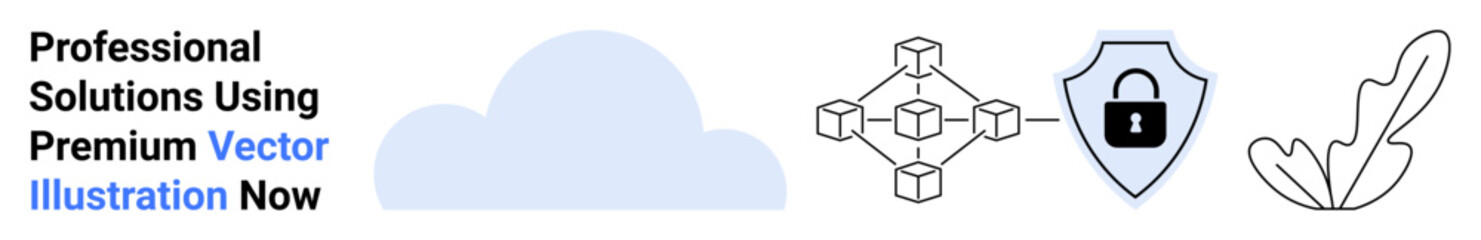 Cloud shape, blockchain network, shield with padlock, and leaf symbolizing technology, security, connectivity, and sustainability. Ideal for tech, cybersecurity data storage innovation blockchain