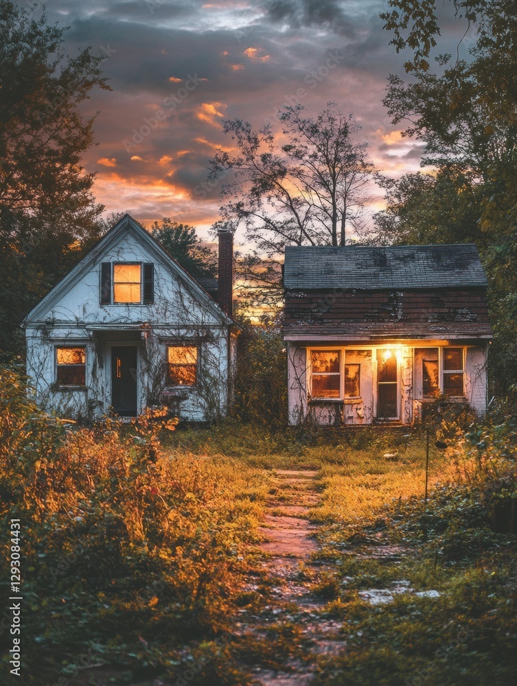 Poster Nature reclaims abandoned house while restored cottage radiates warmth and charm at twilight. Generative AI