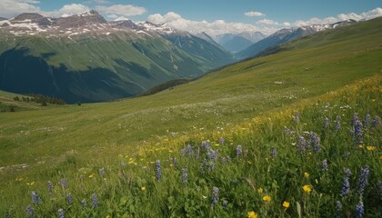 Obraz premium Majestic Mountain Valley: An expansive view of a lush mountain valley, carpeted with wildflowers. Towering snow-capped mountains frame the scene, under a clear, azure sky.
