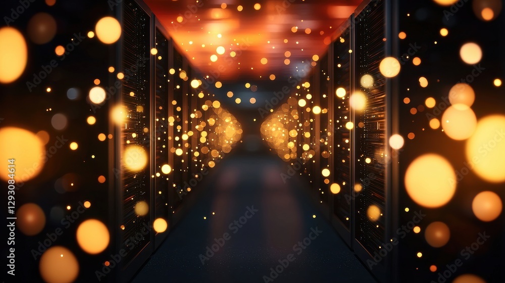 Poster a mesmerizing corridor illuminated by golden bokeh lights, creating a digital ambiance that evokes a