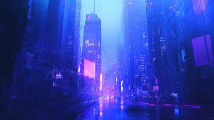 Obraz premium Futuristic city street at twilight with vibrant neon lights and rain.