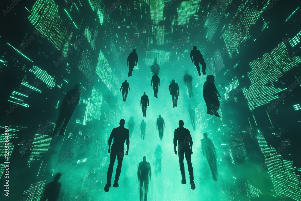 Aufkleber Exploration of an abstract digital realm with human silhouettes and floating matrix code. Generative AI