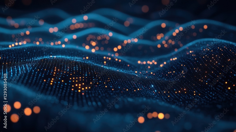 Poster abstract representation of flowing data waves illuminated by glowing particles, creating a mesmerizi
