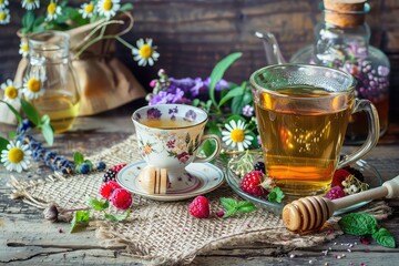 a cup of herbal tea, honey, herbs, and berries on a rustic table
