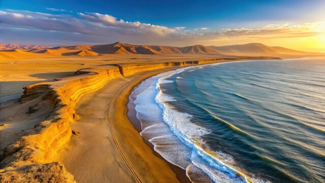 Panoramic view of Playa de la Mina beach at sunset in Paracas Desert Peru , playa de la mina, sunset in the desert