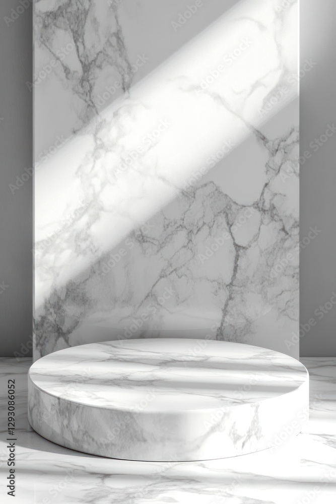 Aufkleber a minimalist marble display pedestal set against a textured marble backdrop, illuminated by soft nat