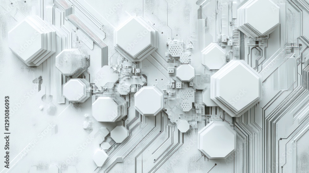 Poster abstract white hexagonal shapes on a circuit board background.