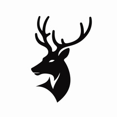Silhouette deer head illustration, elegant design, black on white, minimalist style, copy space
