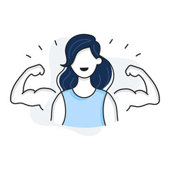 A modern illustration of a powerful woman flexing her muscles, representing empowerment, resilience, and strength. Ideal for women's fitness, motivation, and self-confidence themes.