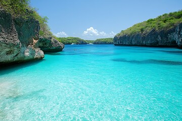 Fototapeta premium Tropical Island Lagoon, Calm Water, Lush Landscape, Peaceful Scene, Stock Photo