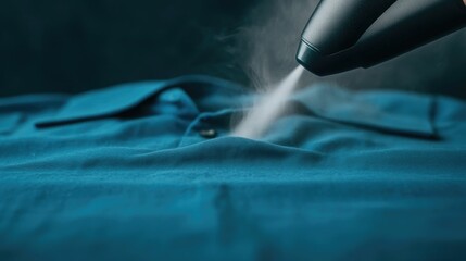 Closeup view of an iron gliding over a shirt fabric emitting gentle steam to remove wrinkles and provide a neat pressed look