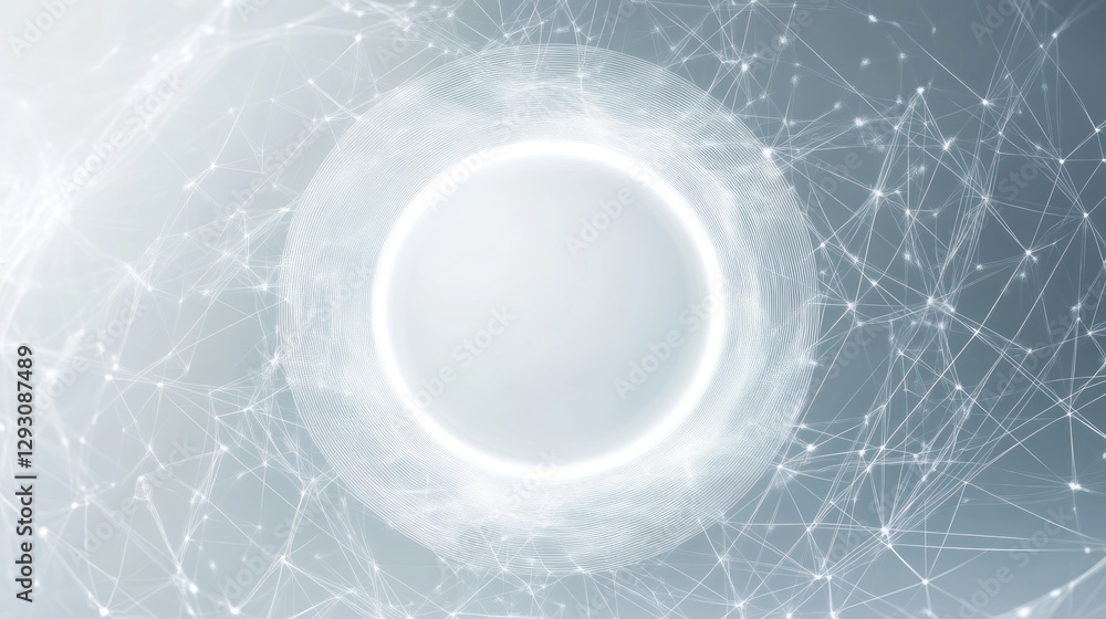 Poster abstract digital sphere with glowing ring and network structure.