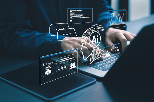 Humans are using laptops and computers to interact with AI, helping them create, code, train AI, or analyze big data with fast, cutting-edge technology.