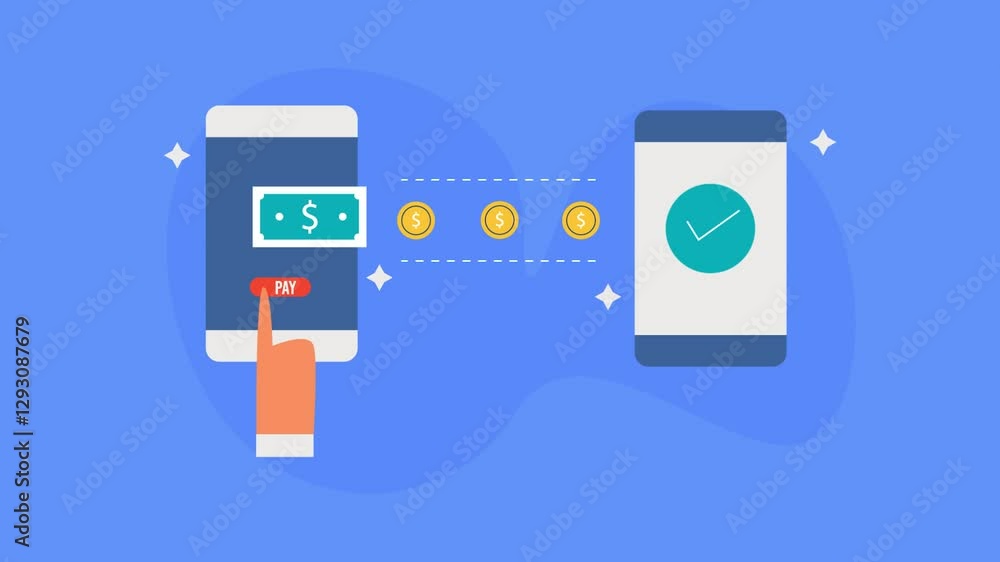 Poster money transfer using banking app between two mobile phones. send money securely from smartphone devi