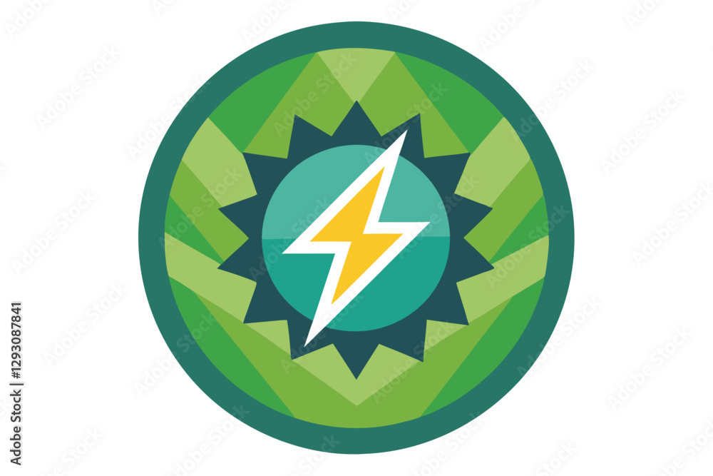 Poster a circular design showcases a zigzag pattern and a prominent lightning symbol in a colorful arrangem