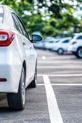 White car parked in a lot surrounded by greenery