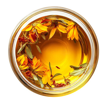 Top view of a perfectly beautiful hyperrealistic single glass bowl of safflower oil with safflower petals and seeds isolated on a white transparent background