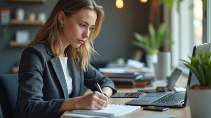 Woman at workplace listning training video course webinar, office worker writing training data in notebook, businesswoman serious and focused inside office at workplace