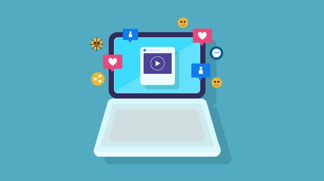 Social media post content on laptop screen with audience engagement and reaction like, share, follow and smiley emoticon. Social media marketing concept.