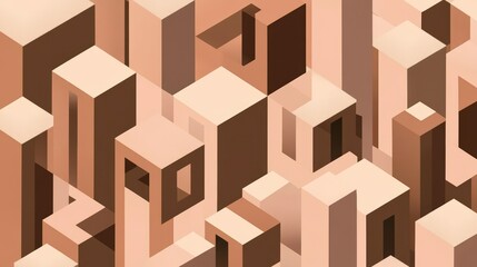 Abstract Isometric Cityscape in Beige and Brown Tones. Geometric Architectural Design. Modern Urban Art.