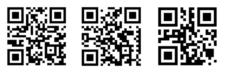QR code icon set. Templates of quick responce matrix barcode in square grids. Phone camera readable digital labels isolated on white background. Vector graphic illustrations collection