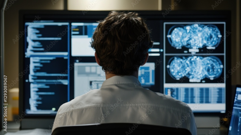 Poster analyst reviewing data on multiple screens in office