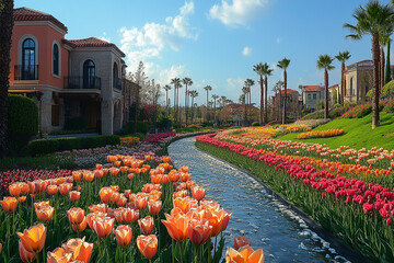 Floral waterway through a luxurious neighborhood with vibrant tulips