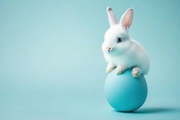 Easter concept: bunny rabbit standing on a colorful egg in warm tones with space for text. Perfect for greeting card design, decoration, advertising and social media posts.