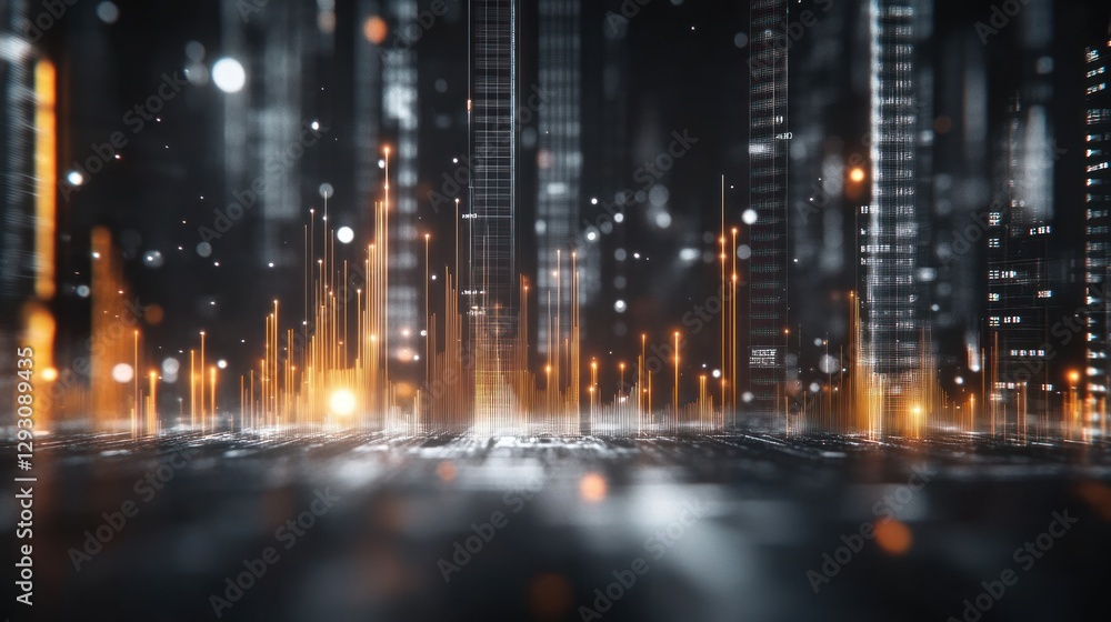 Poster futuristic cityscape with glowing data visualizations