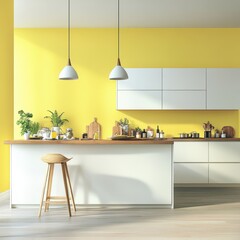 A bright yellow kitchen features a modern minimalist design