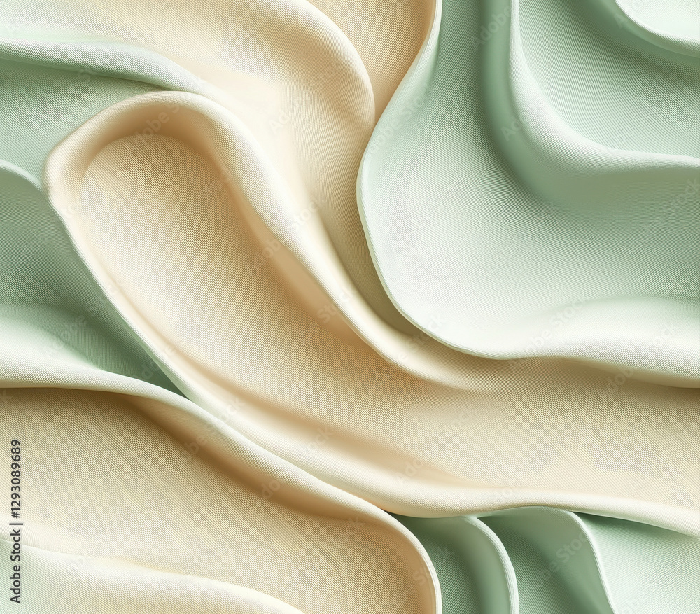 Poster soft fabric waves in muted teal and sandy beige create serene texture, seamless pattern style.