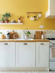 The sunny yellow kitchen features various utensils and equipment