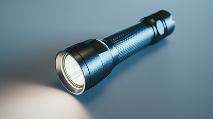 A simple LED flashlight, with a smooth metallic body, isolated on a white surface.