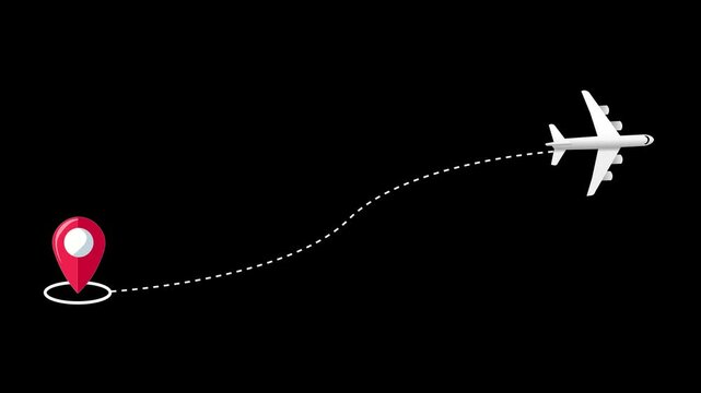 Airplane Fly with Path Line Animation Isolated on Black Background. Dotted route or way of plane. Flying From The starting Location or Point to the end destination.