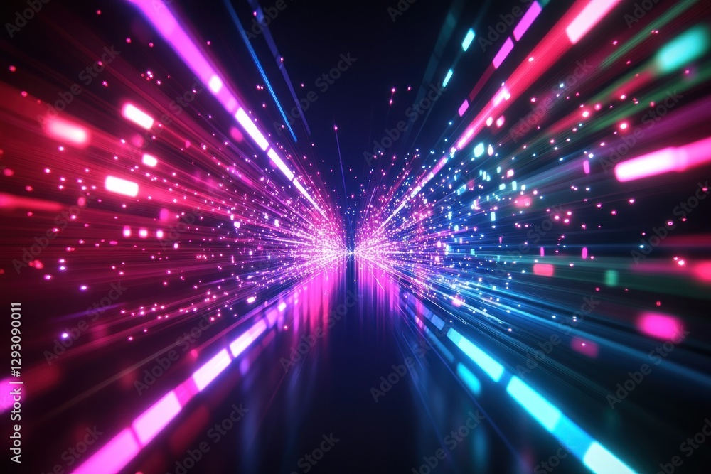 Poster a vibrant explosion of colorful light beams and particles creating a dynamic, futuristic atmosphere,