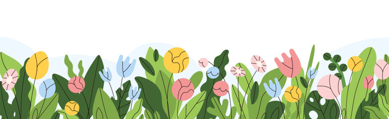 Floral border decoration. Field flowers, horizontal design with blooming plants, leaves. Meadow nature, spring and summer blossoms, wildflowers. Flat vector illustration isolated on white background
