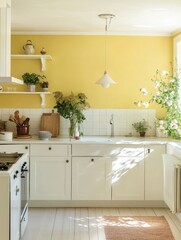 A sunlit kitchen showcases white cabinets and yellow walls