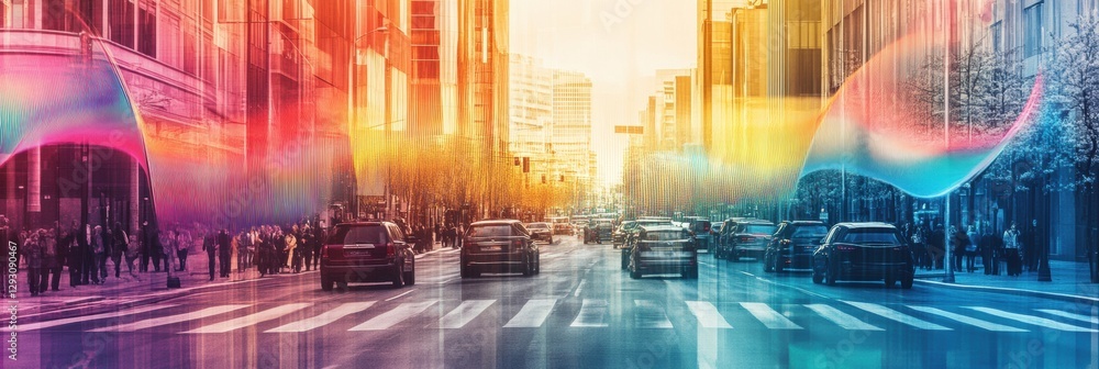 Poster Visualizing sound waves above a busy urban road during a lively afternoon in a vibrant cityscape. Generative AI