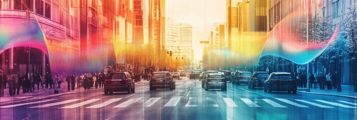 Visualizing sound waves above a busy urban road during a lively afternoon in a vibrant cityscape. Generative AI