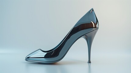 A sleek pair of high-heeled female shoes with a glossy finish, resting on a smooth white surface.