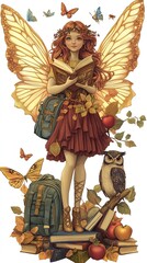 Fototapeta premium Autumn Fairy Schoolgirl with Backpack and Books