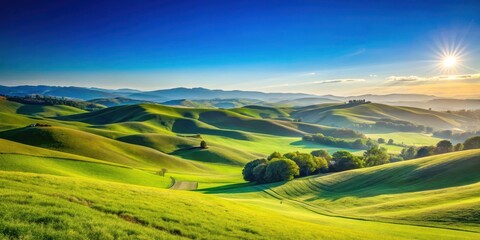 Obraz premium Serene landscape with rolling hills and a clear blue sky over the land in nature, horizon, green landscape, horizon
