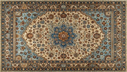 Traditional Persian rug with intricate blue and brown Antique style design on top view showcasing unique floral patterns , traditional, persian