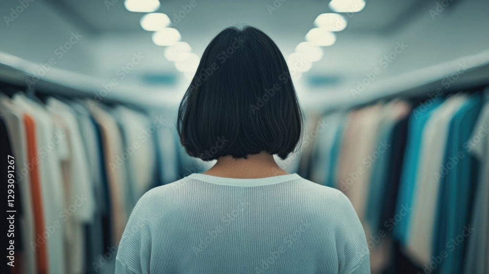 Poster woman browsing through racks of designer clothing in a retail store with the scene illuminated by so