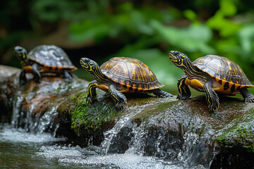 Turtles basking on mossy waterfall rocks, a tranquil waterscape scene