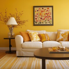Modern living room interior with yellow accents and a sofa