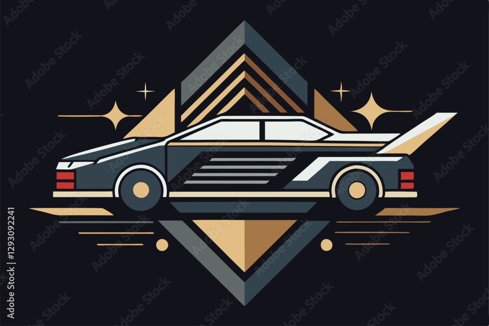Poster a sleek, stylized car showcases a streamlined design with technical features, highlighted in a dark 