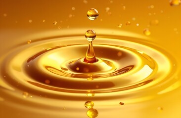 Drop of Honey with beautiful smooth curves of Honey background. Oil Drops. Banner with luxury golden Drop falling into gold surface with rings. 