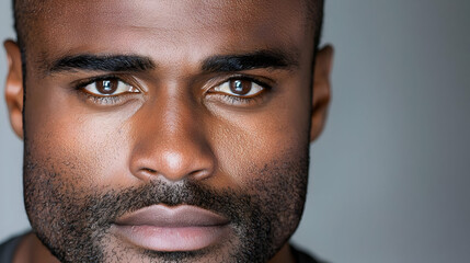 Obraz premium Serious man portrait, gray background, intense gaze, headshot
