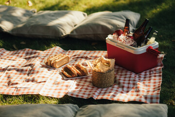 Picnic with hot dogs and cold drinks in cooler bag on red tablecloth in a park.